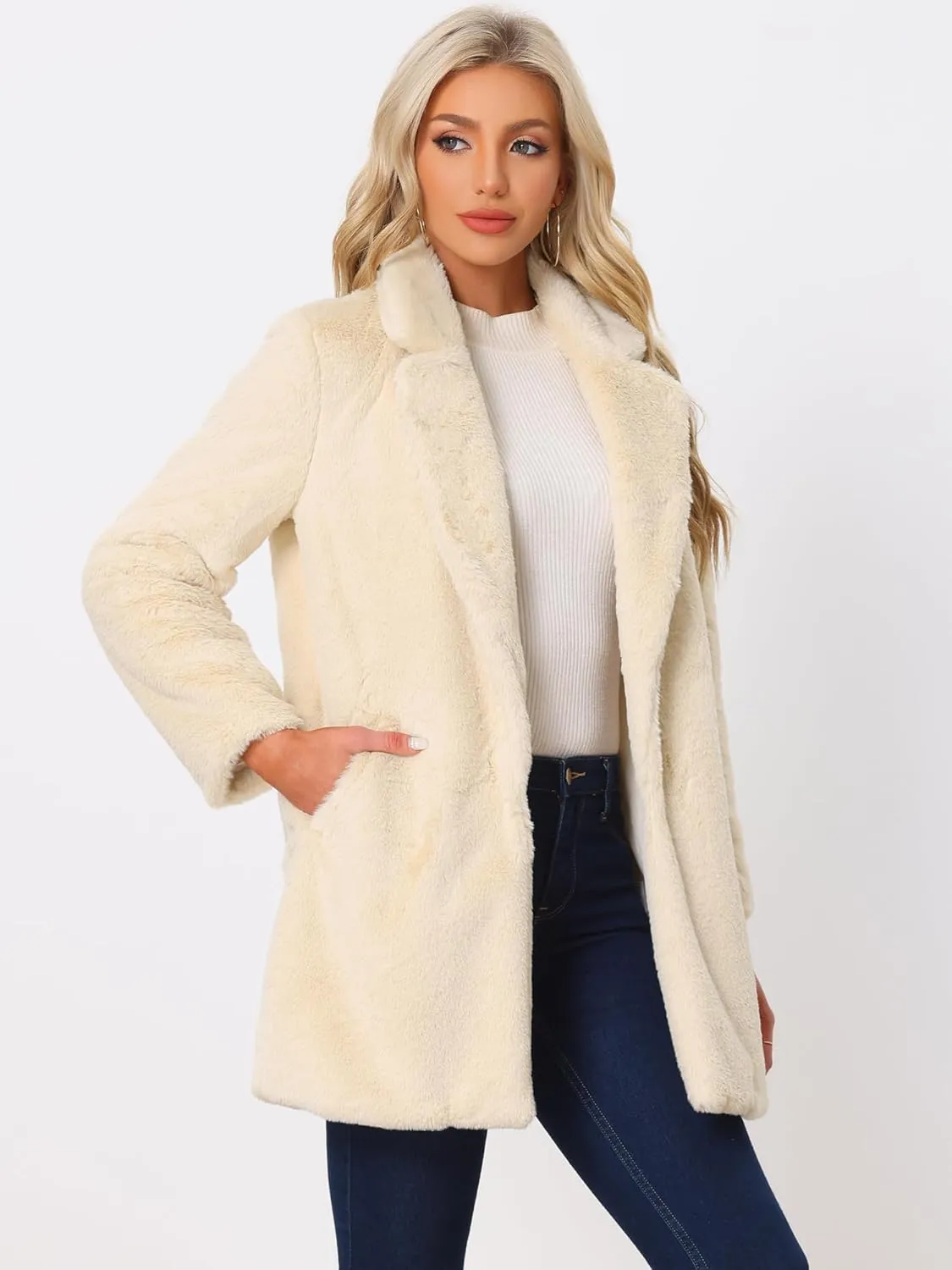 Allegra K Women's Faux Fur Coat Lapel Warm Overcoat Winter Open Front Fluffy Jackets