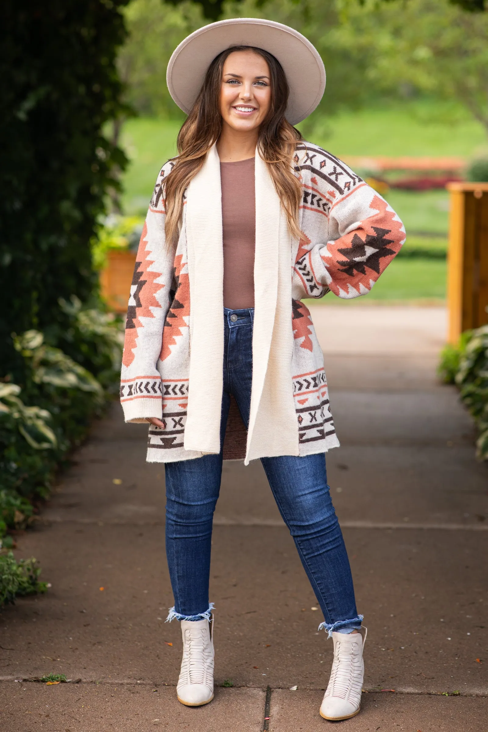 Beige Shawl Collar Aztec Print Cardigan
