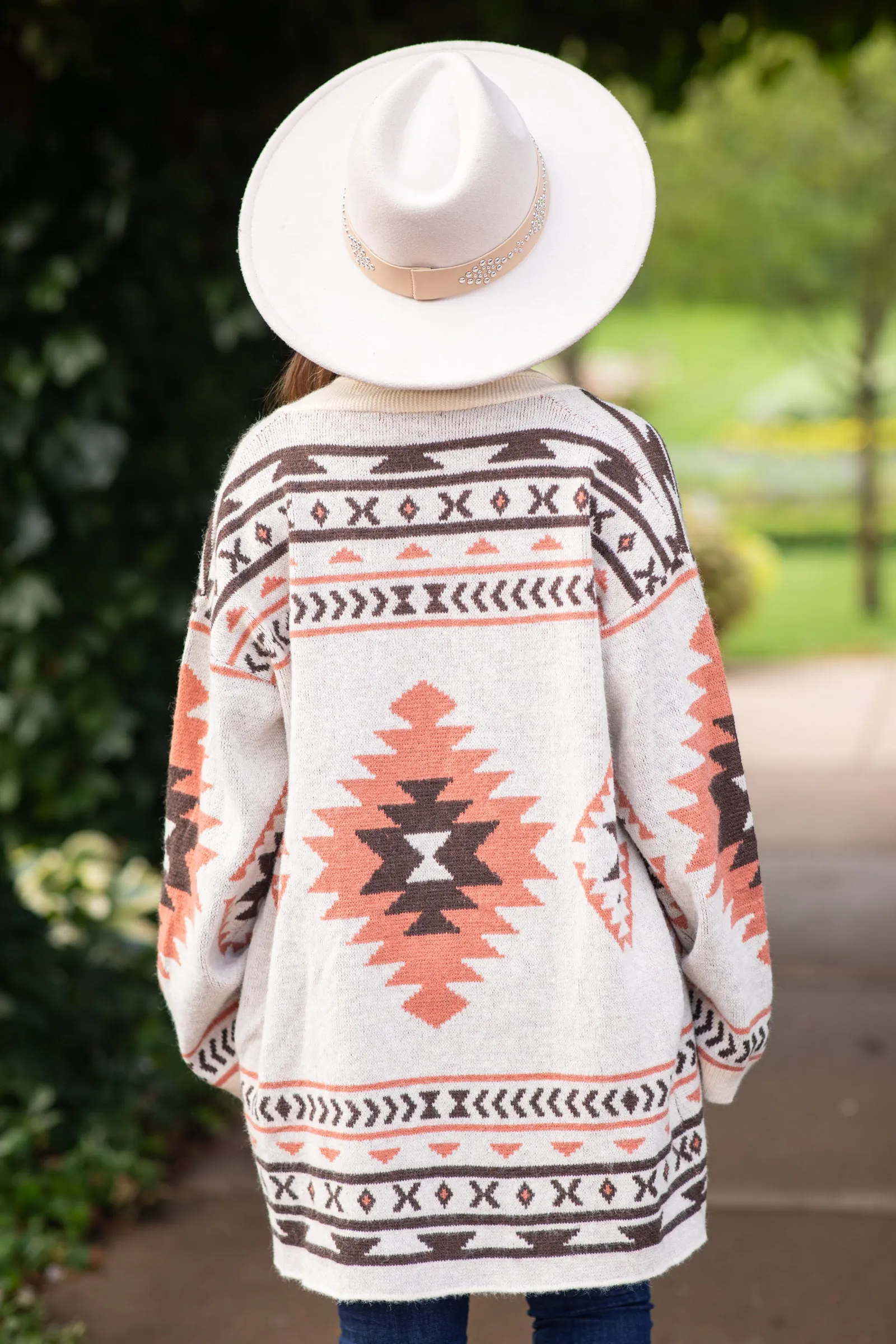 Beige Shawl Collar Aztec Print Cardigan