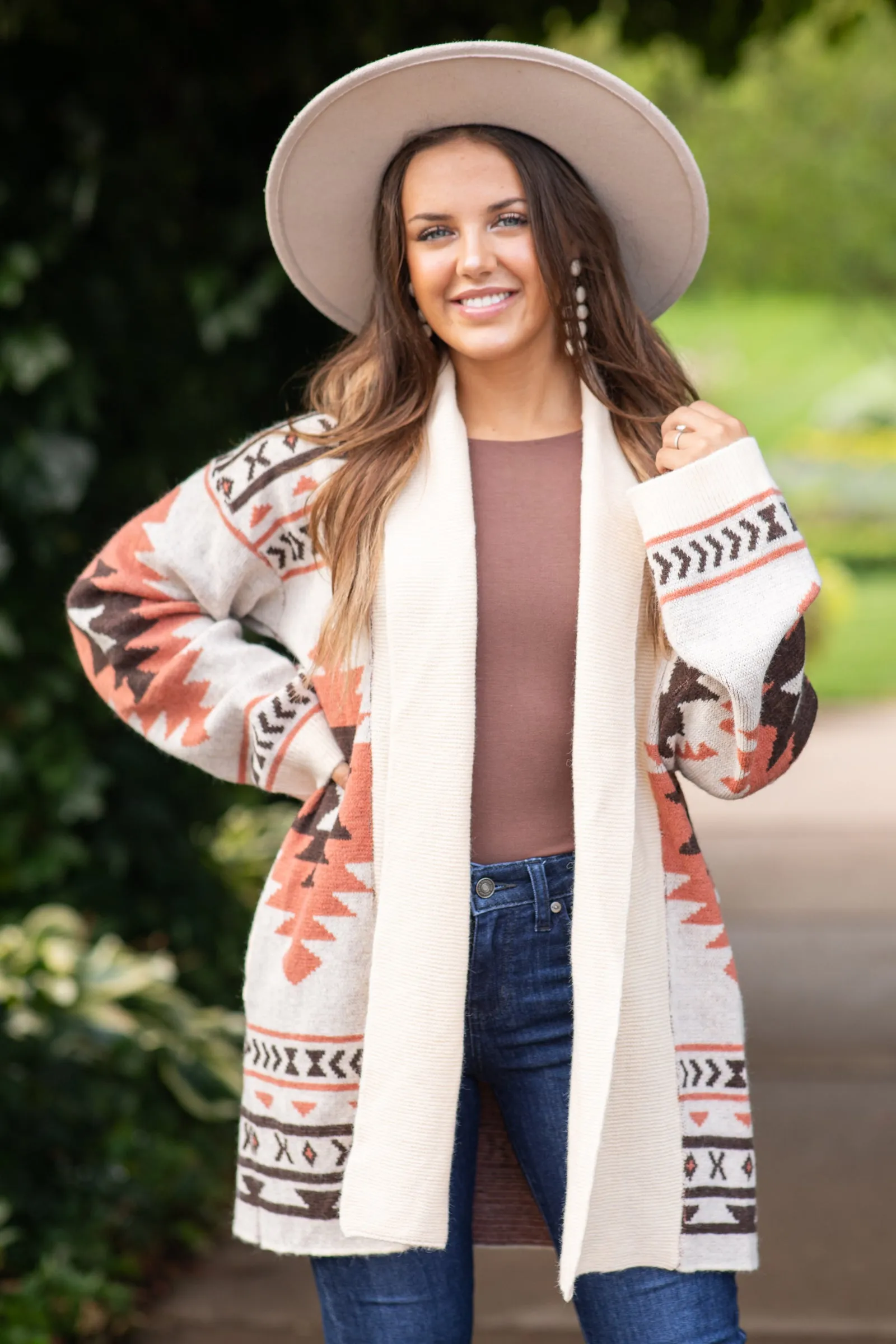 Beige Shawl Collar Aztec Print Cardigan