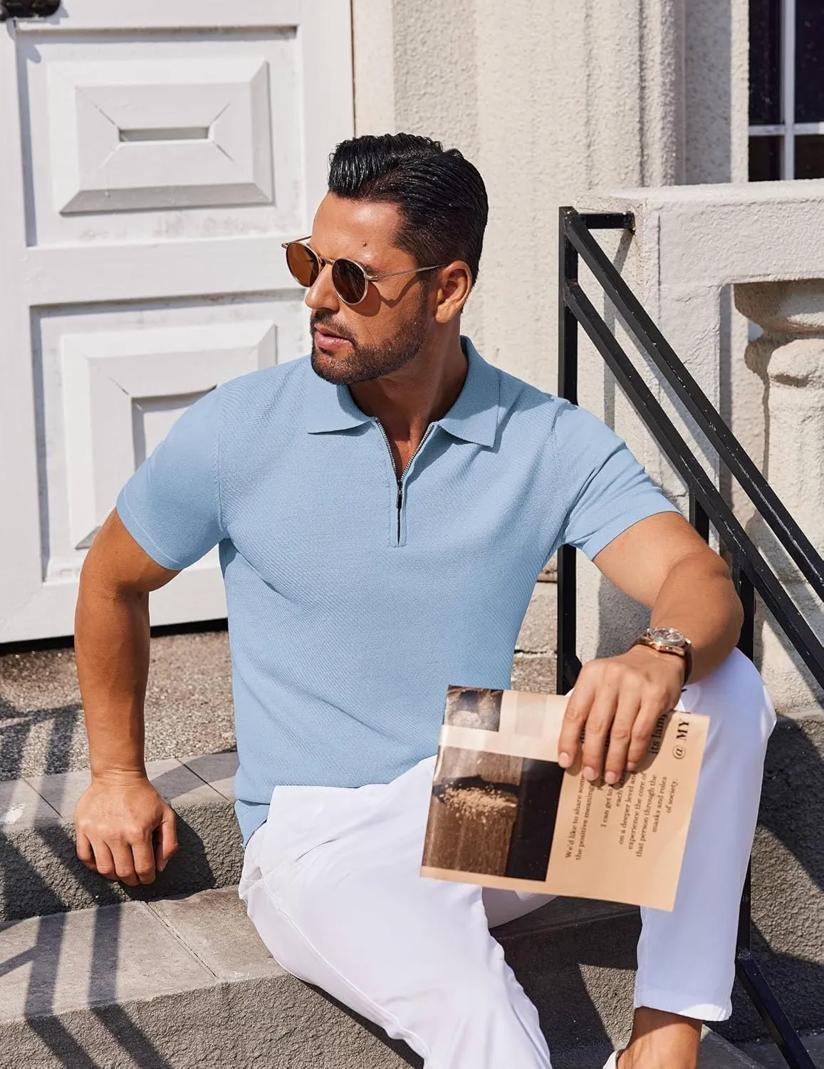 COOFANDY Men's Zipper Polo Shirts Short Sleeve Knit Polo T Shirt Casual Golf Polos for Men