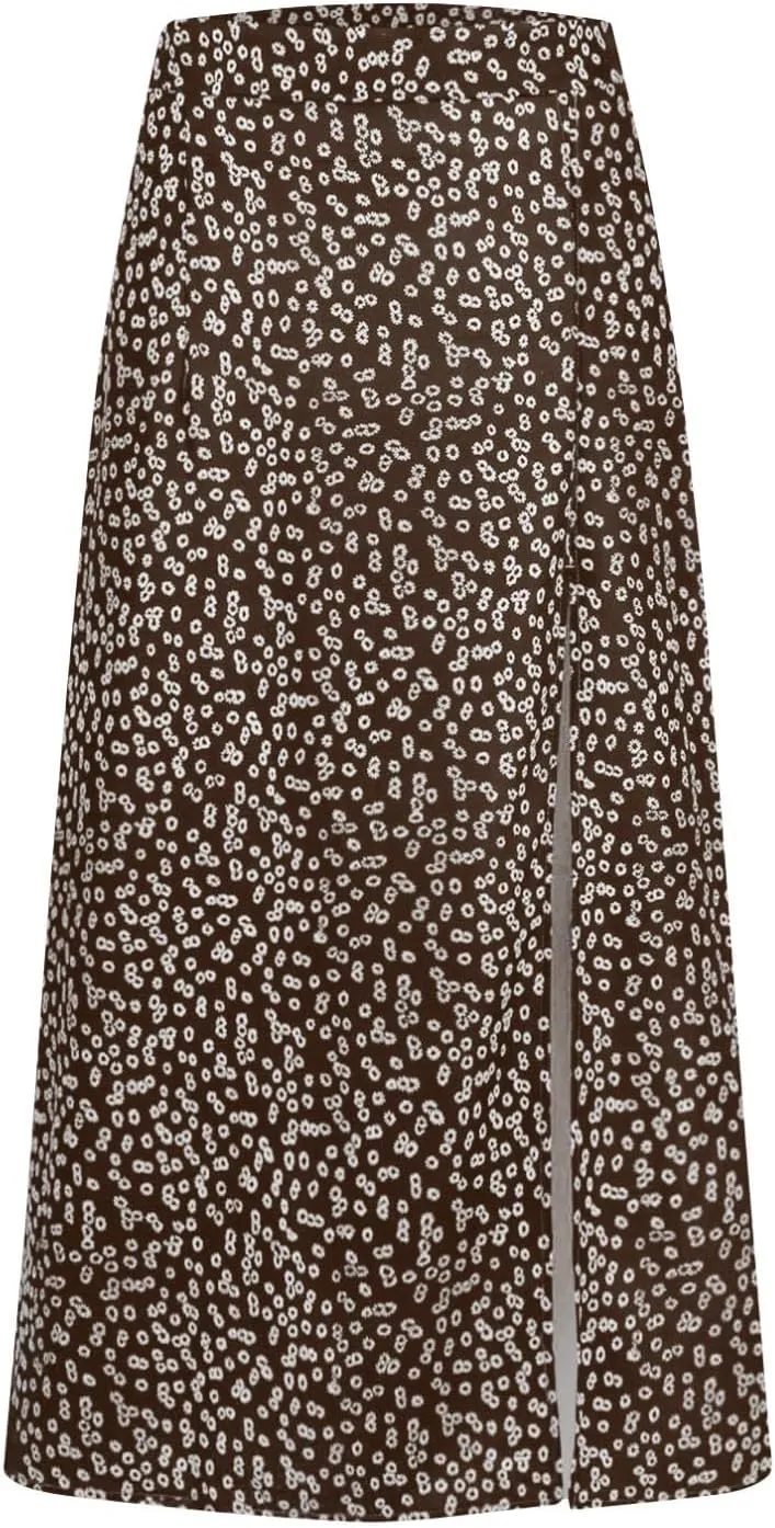 Ditsy Floral Boho Skirt for Women with Slit Summer High Waisted Flowy Midi Skirt Casual A-Line Split Beach Skirt