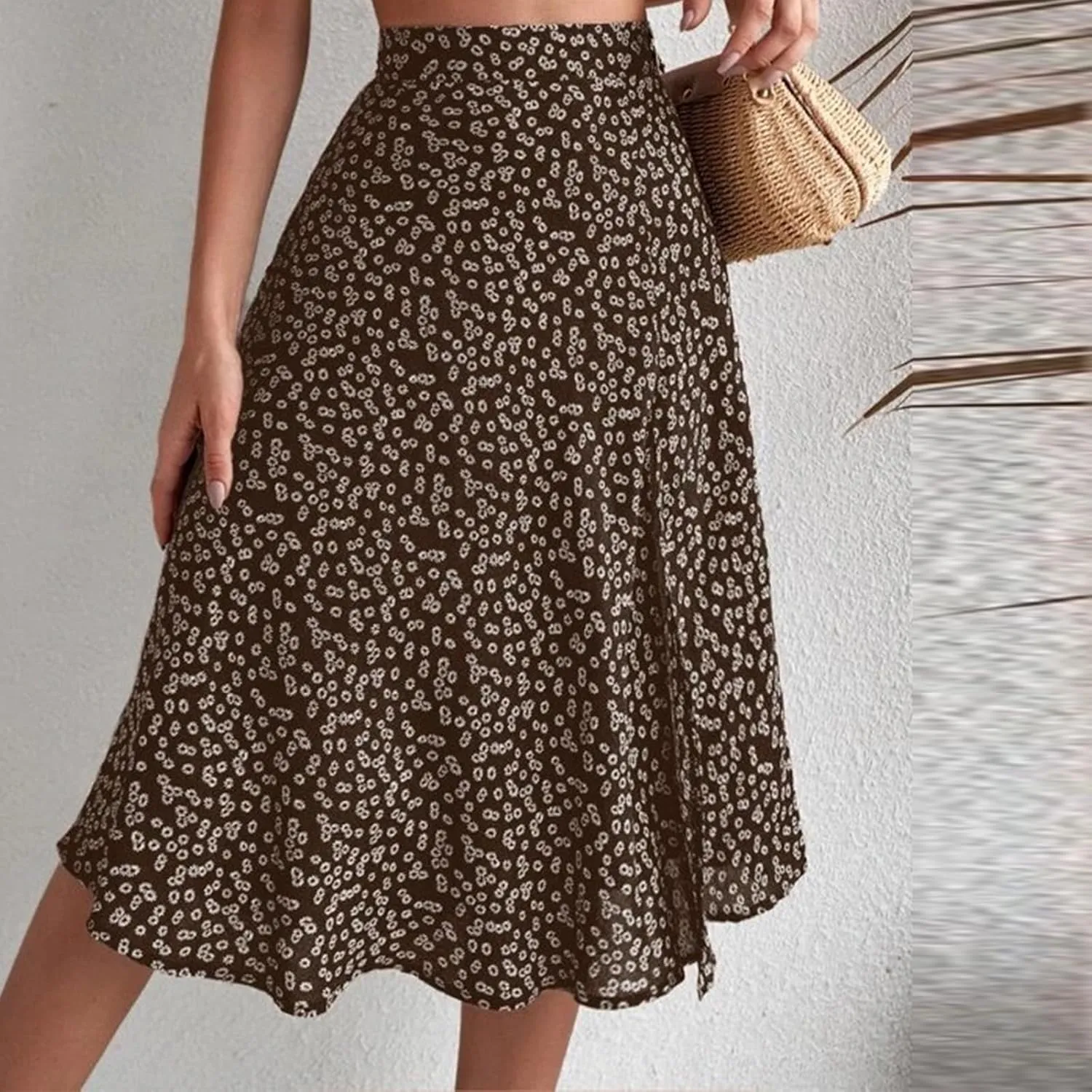 Ditsy Floral Boho Skirt for Women with Slit Summer High Waisted Flowy Midi Skirt Casual A-Line Split Beach Skirt