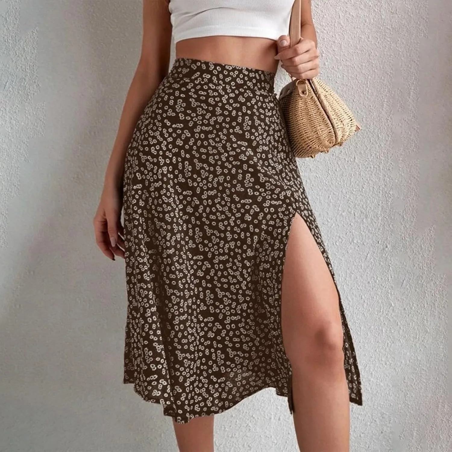 Ditsy Floral Boho Skirt for Women with Slit Summer High Waisted Flowy Midi Skirt Casual A-Line Split Beach Skirt