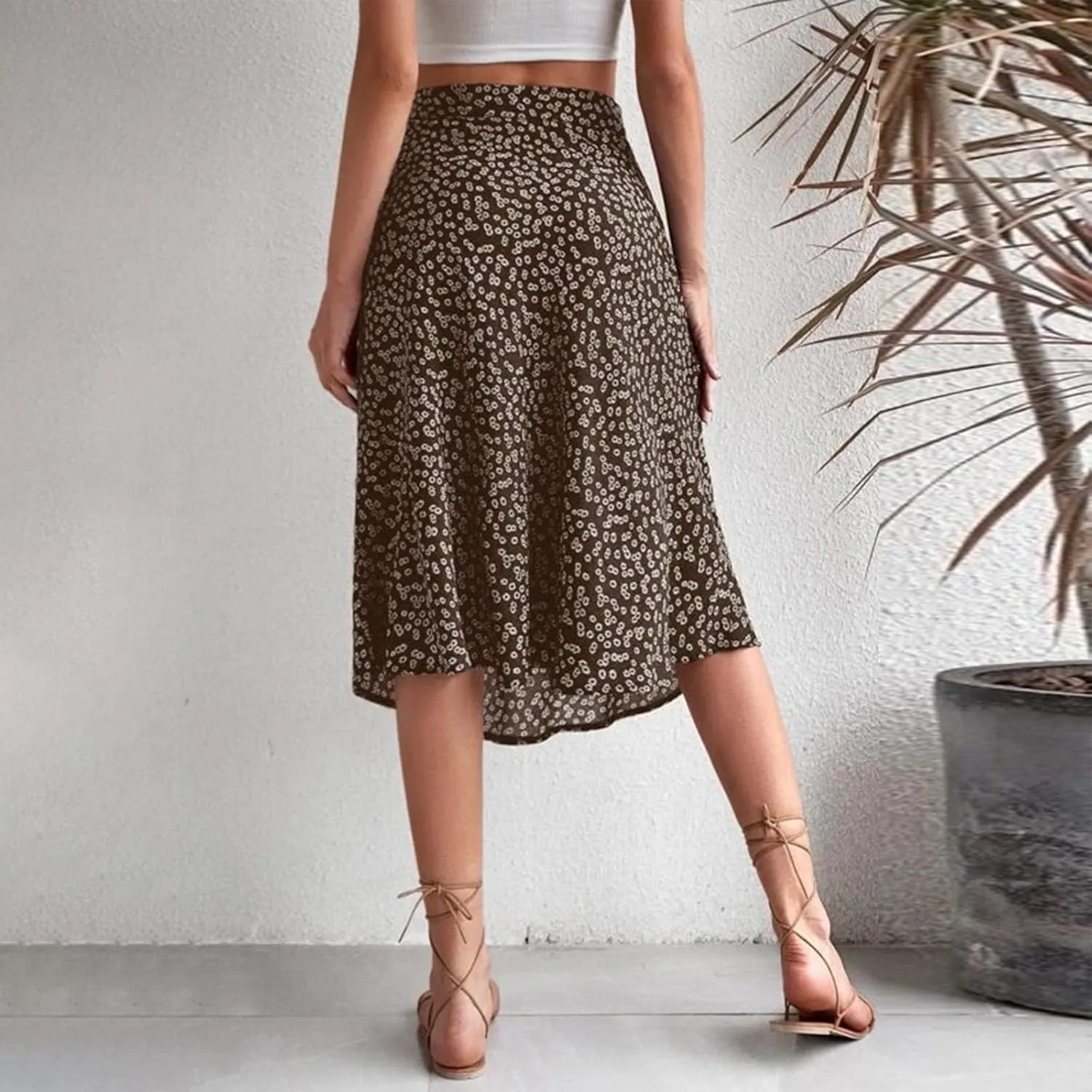 Ditsy Floral Boho Skirt for Women with Slit Summer High Waisted Flowy Midi Skirt Casual A-Line Split Beach Skirt
