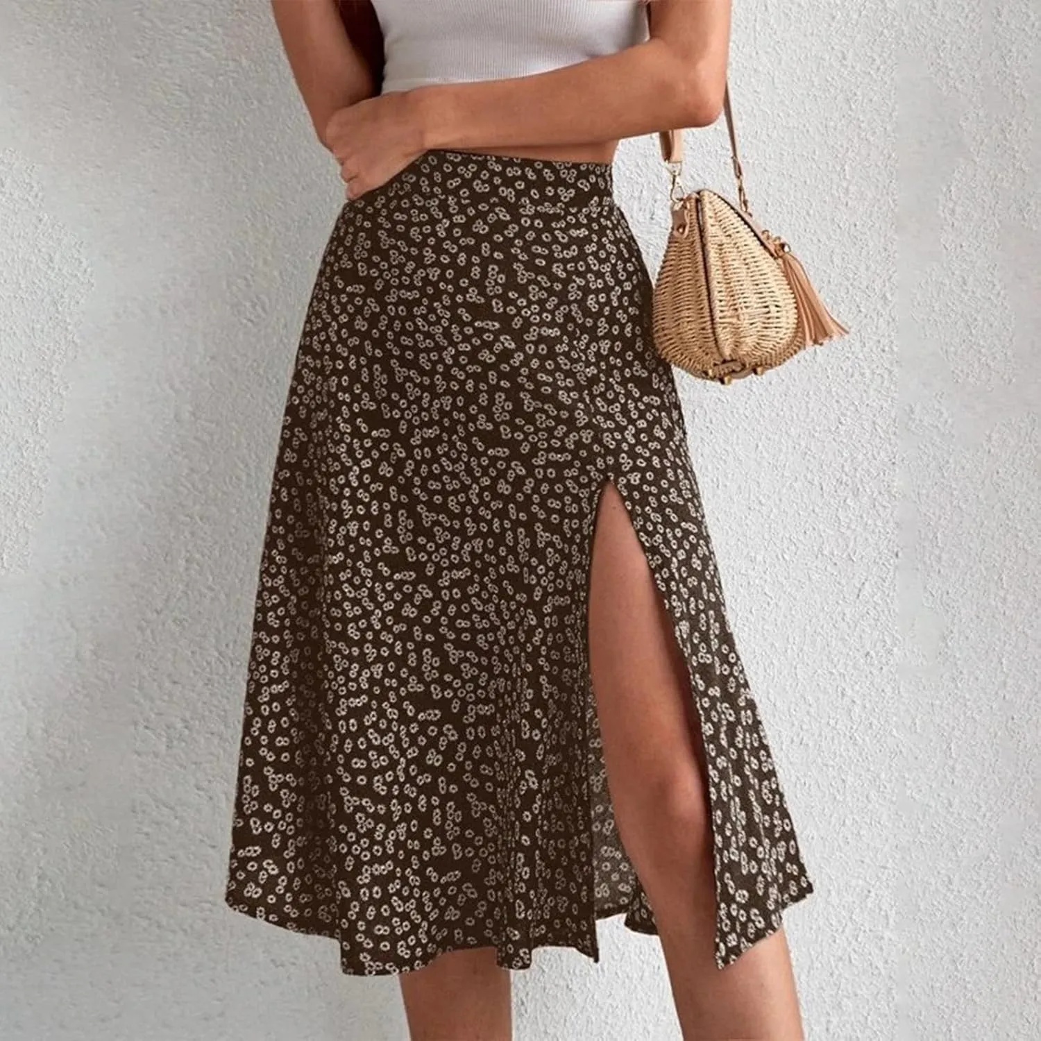 Ditsy Floral Boho Skirt for Women with Slit Summer High Waisted Flowy Midi Skirt Casual A-Line Split Beach Skirt