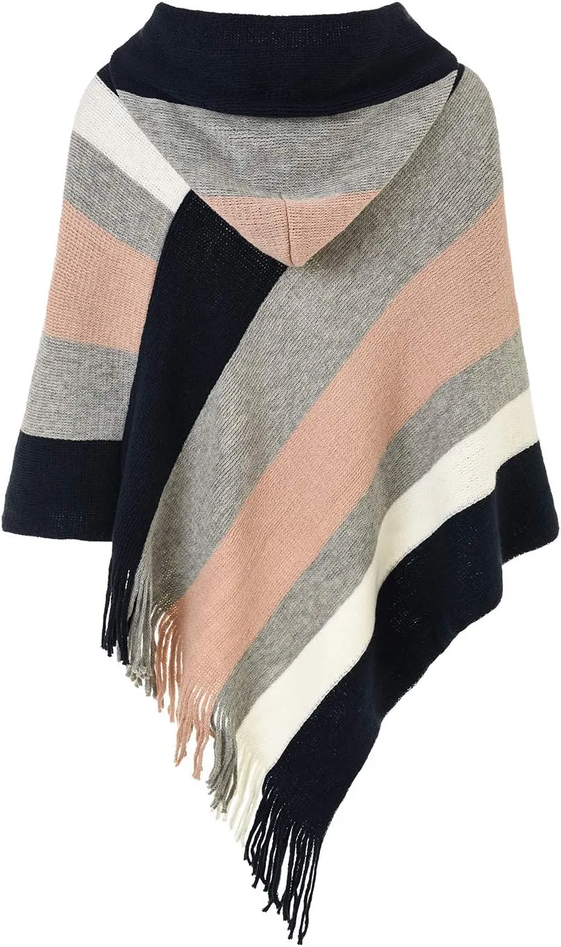 Ferand Women's Striped Poncho Sweater Cozy Knit Fringe Shawl Wraps for Fall Winter