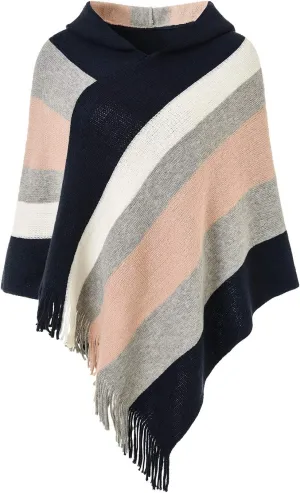Ferand Women's Striped Poncho Sweater Cozy Knit Fringe Shawl Wraps for Fall Winter