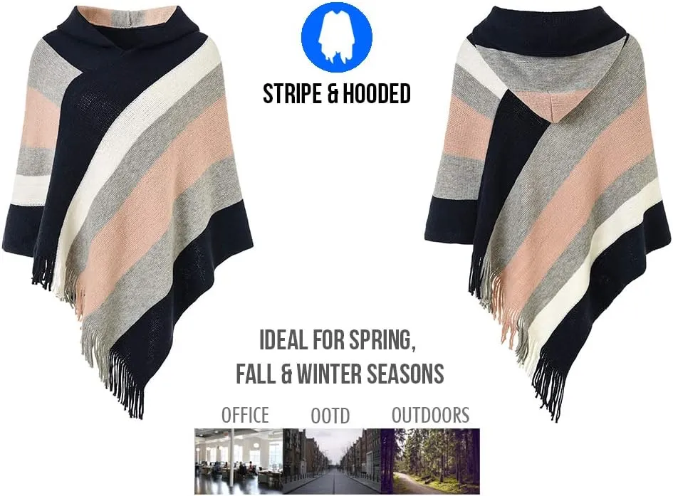 Ferand Women's Striped Poncho Sweater Cozy Knit Fringe Shawl Wraps for Fall Winter