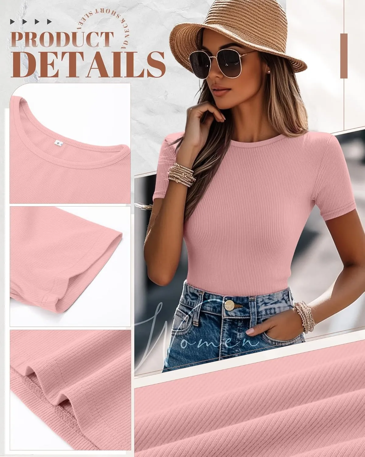Ficerd 3 Pack Women's Ribbed T-Shirts, Cotton Short Sleeve Basic Tees Crewneck Fitted Tops Casual Shirts 2025 Summer Trendy