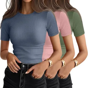 Ficerd 3 Pack Women's Ribbed T-Shirts, Cotton Short Sleeve Basic Tees Crewneck Fitted Tops Casual Shirts 2025 Summer Trendy