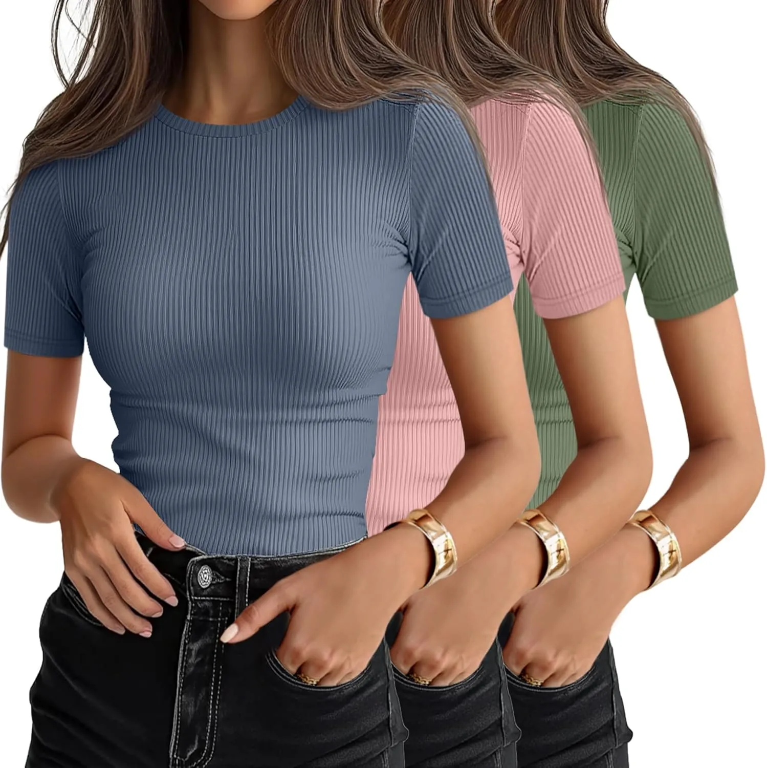 Ficerd 3 Pack Women's Ribbed T-Shirts, Cotton Short Sleeve Basic Tees Crewneck Fitted Tops Casual Shirts 2025 Summer Trendy
