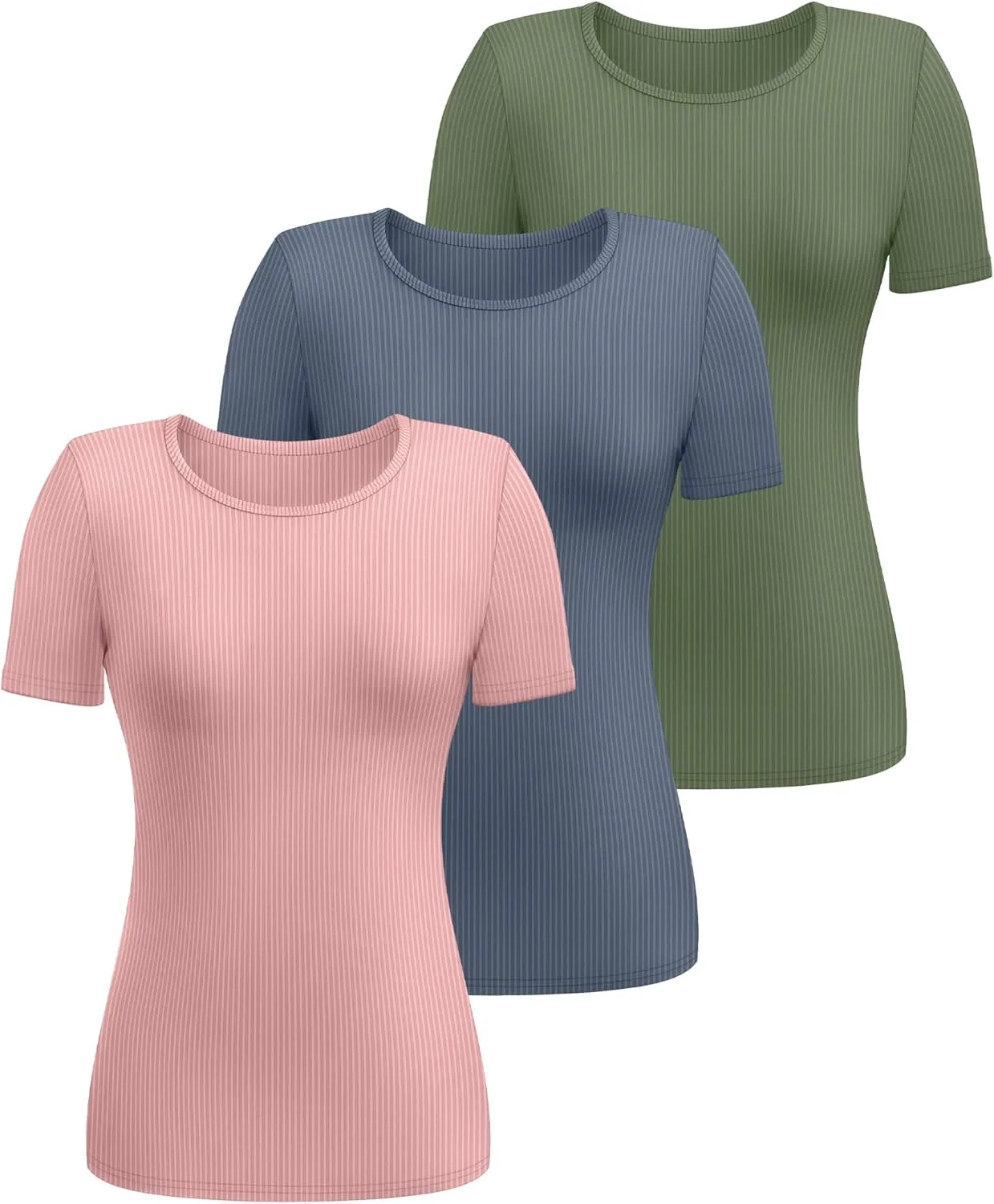 Ficerd 3 Pack Women's Ribbed T-Shirts, Cotton Short Sleeve Basic Tees Crewneck Fitted Tops Casual Shirts 2025 Summer Trendy