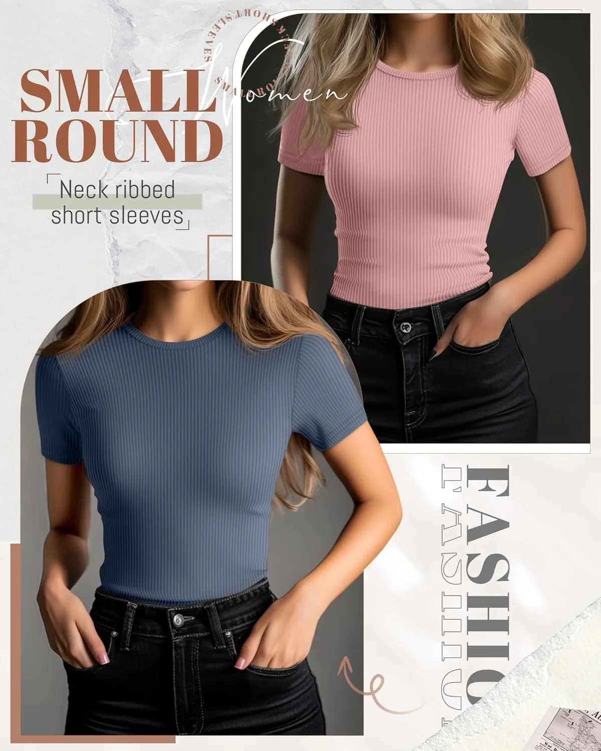 Ficerd 3 Pack Women's Ribbed T-Shirts, Cotton Short Sleeve Basic Tees Crewneck Fitted Tops Casual Shirts 2025 Summer Trendy