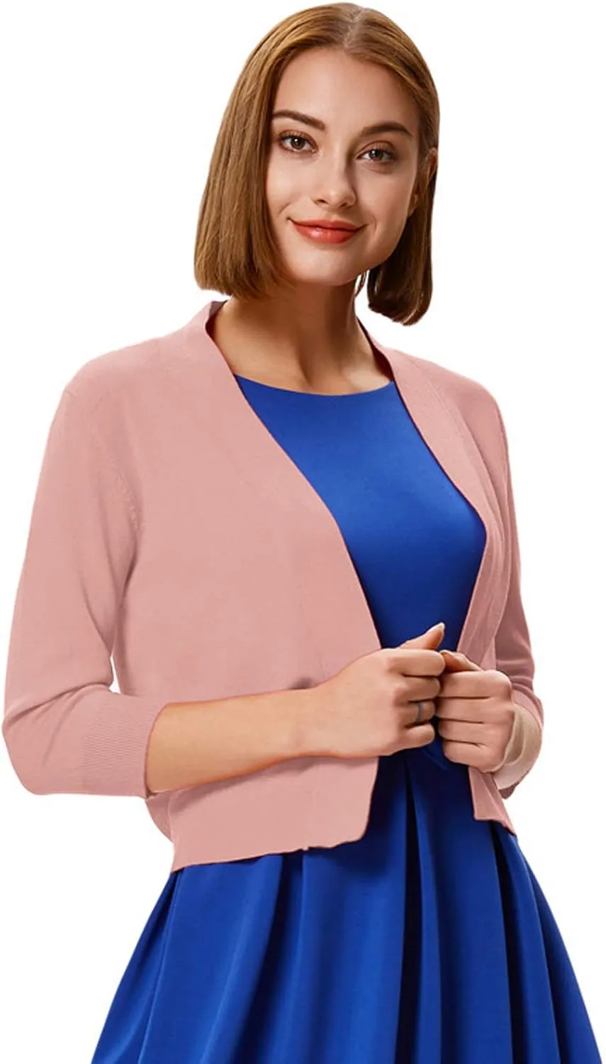 GRACE KARIN Women's 3/4 Sleeve Cardigan Knit Sweaters Cropped Open Front Shrug Bolero