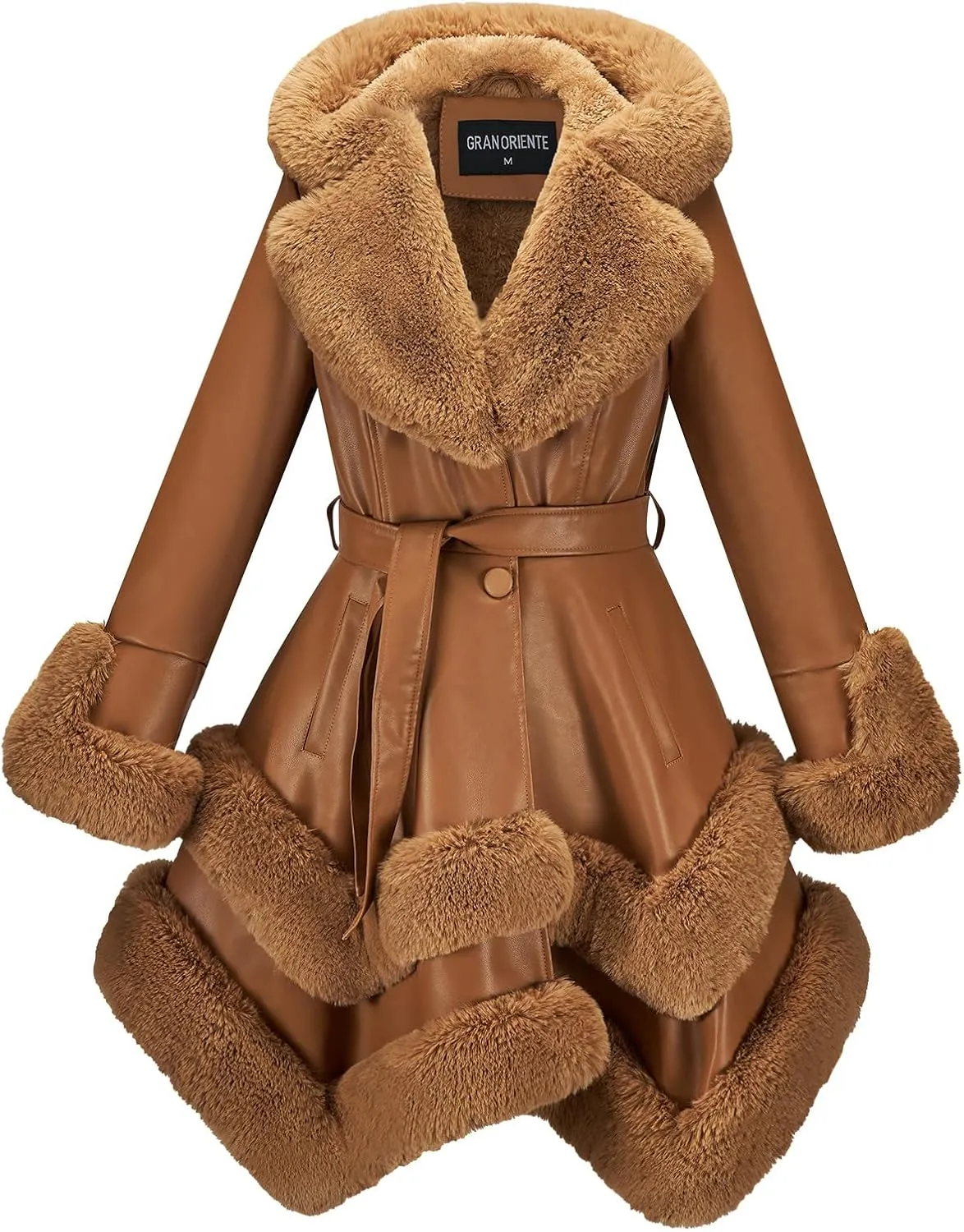 GRAN ORIENTE Fashion Faux Leather and Fur Jacket,Winter Sexy Collar Parka Coat Dress for Women with Belt and Hood