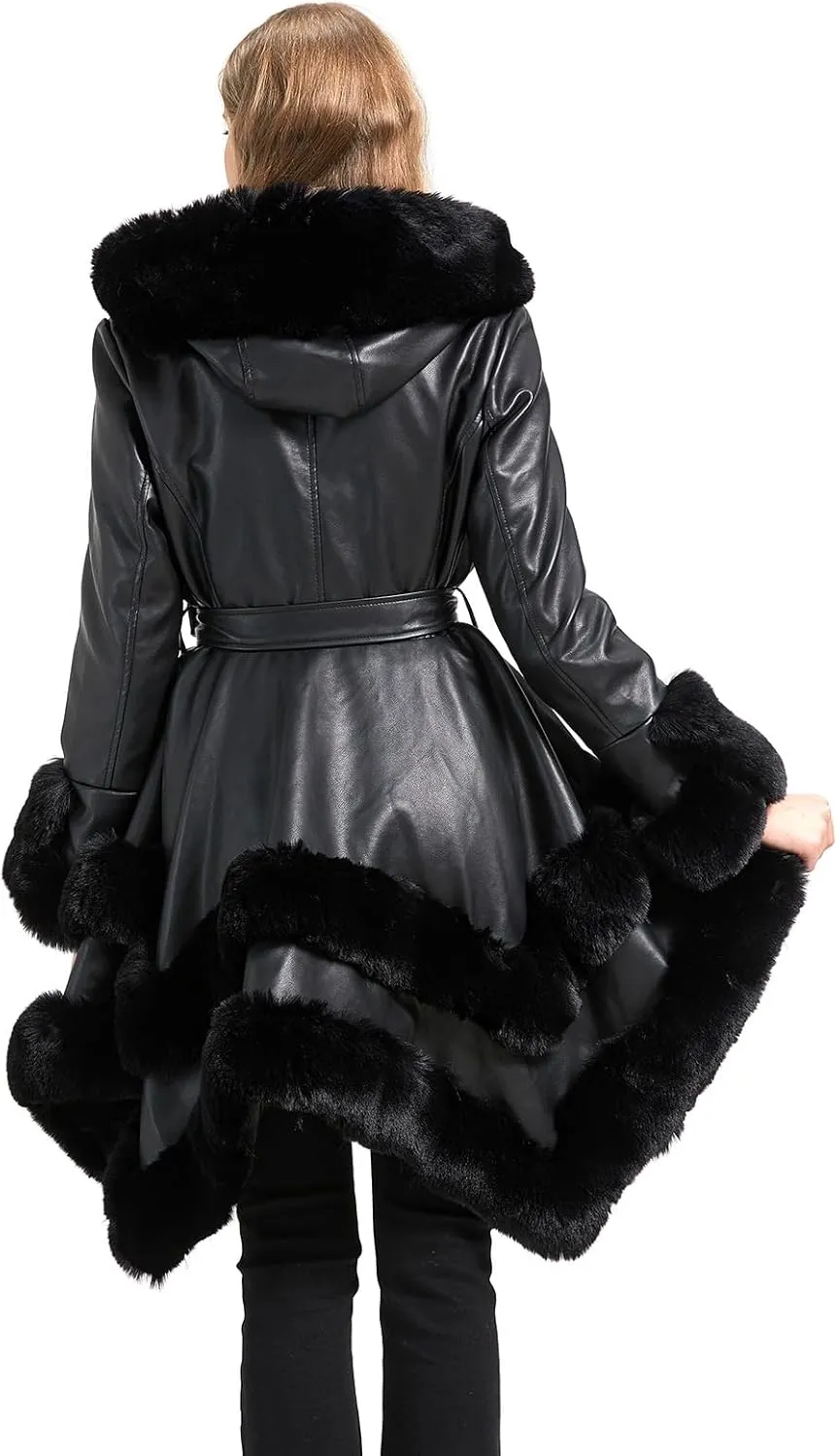 GRAN ORIENTE Fashion Faux Leather and Fur Jacket,Winter Sexy Collar Parka Coat Dress for Women with Belt and Hood