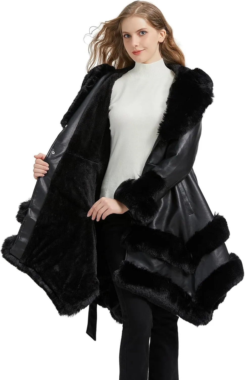 GRAN ORIENTE Fashion Faux Leather and Fur Jacket,Winter Sexy Collar Parka Coat Dress for Women with Belt and Hood