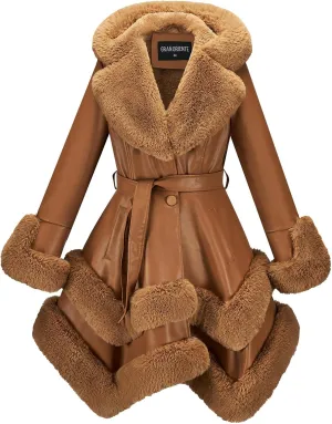GRAN ORIENTE Fashion Faux Leather and Fur Jacket,Winter Sexy Collar Parka Coat Dress for Women with Belt and Hood
