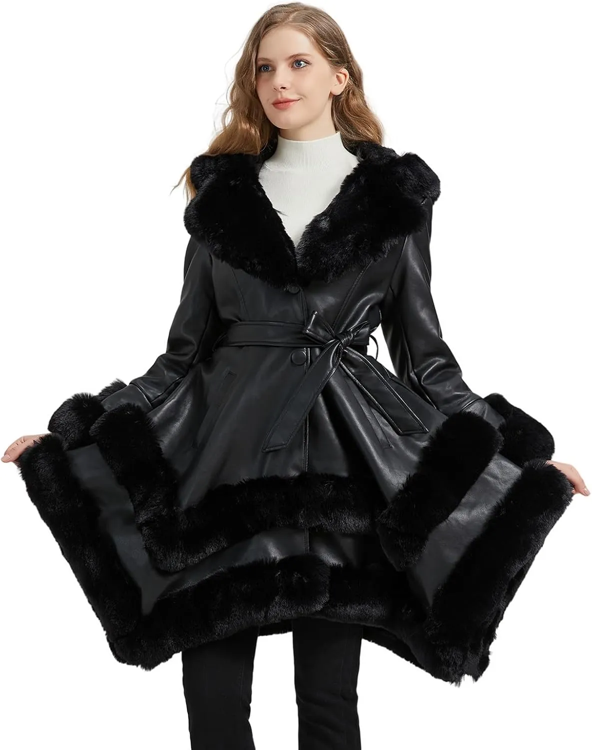 GRAN ORIENTE Fashion Faux Leather and Fur Jacket,Winter Sexy Collar Parka Coat Dress for Women with Belt and Hood