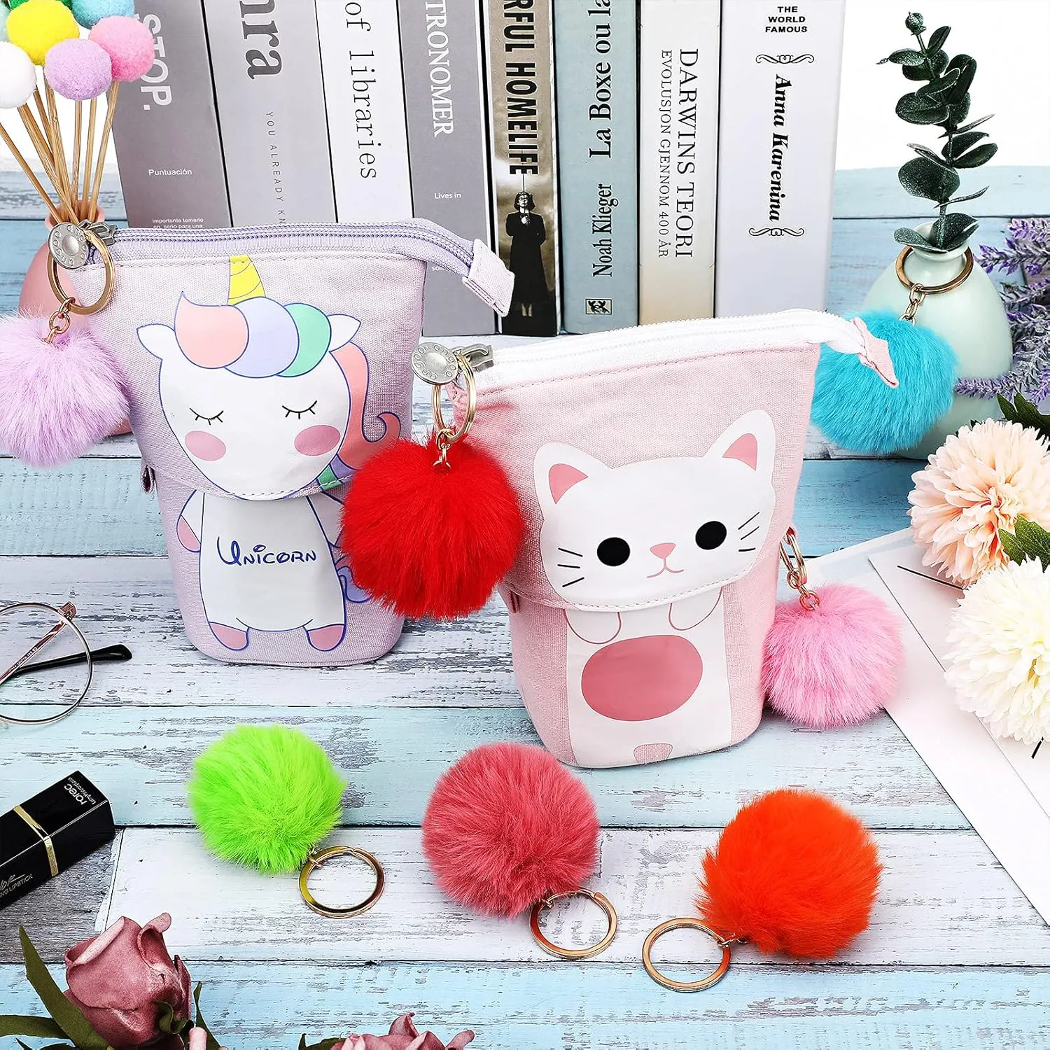 Hicarer 46 Pcs Pom Poms Keychains Faux Fur Ball Key Rings Fluffy Rabbit Fur Pompoms Keychains for Women Girls Bag Accessories