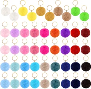 Hicarer 46 Pcs Pom Poms Keychains Faux Fur Ball Key Rings Fluffy Rabbit Fur Pompoms Keychains for Women Girls Bag Accessories