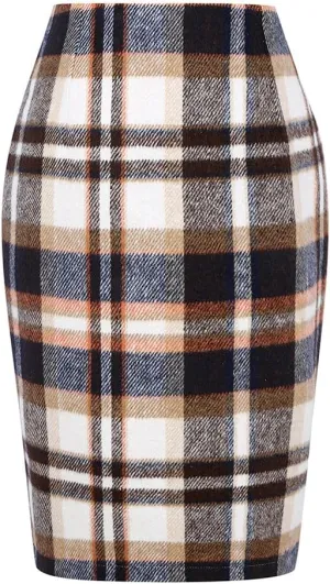 Kinghua Womens Wool Plaid Pencil Skirt Fall Winter High Waisted Slit Bodycon Knee Length Midi Skirt