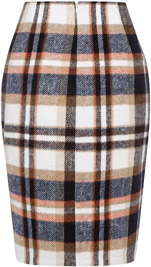 Kinghua Womens Wool Plaid Pencil Skirt Fall Winter High Waisted Slit Bodycon Knee Length Midi Skirt