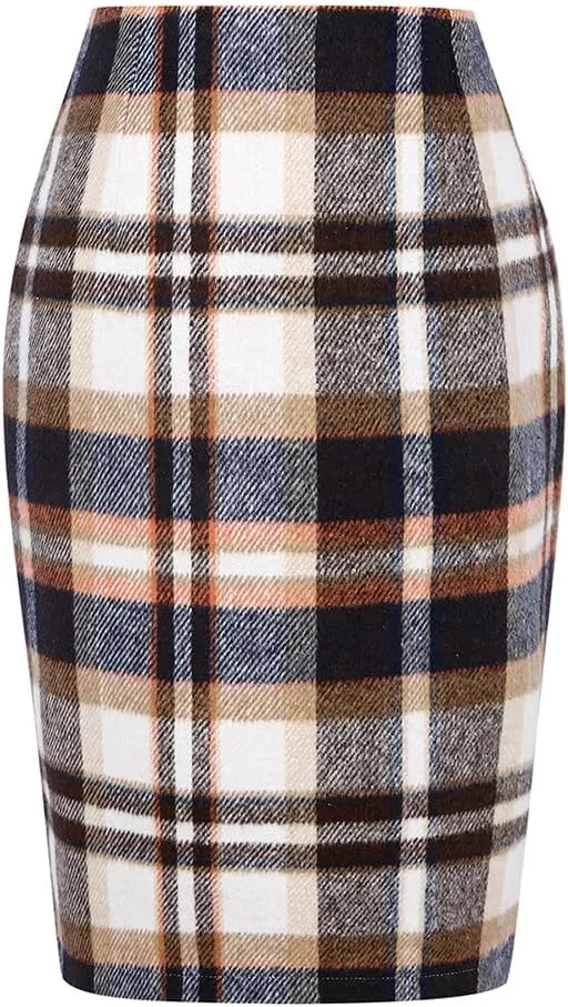 Kinghua Womens Wool Plaid Pencil Skirt Fall Winter High Waisted Slit Bodycon Knee Length Midi Skirt