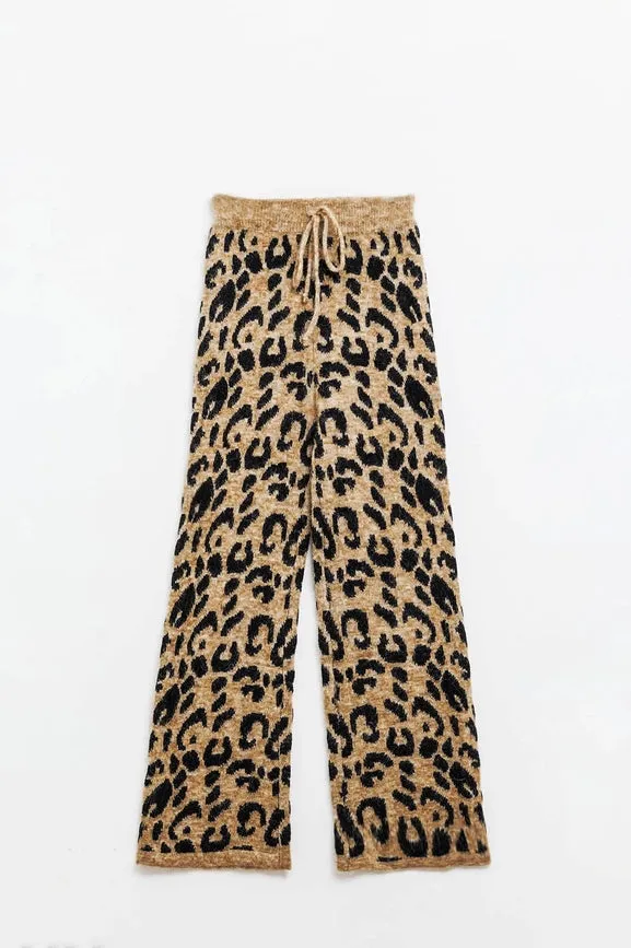 Leopard Print Pants with Stretchy Knit and Drawstring Detail