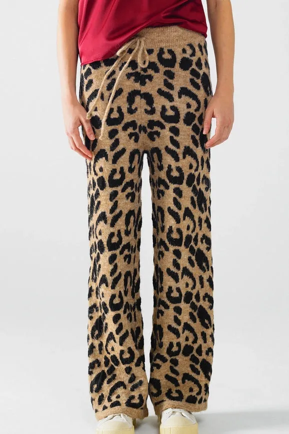 Leopard Print Pants with Stretchy Knit and Drawstring Detail