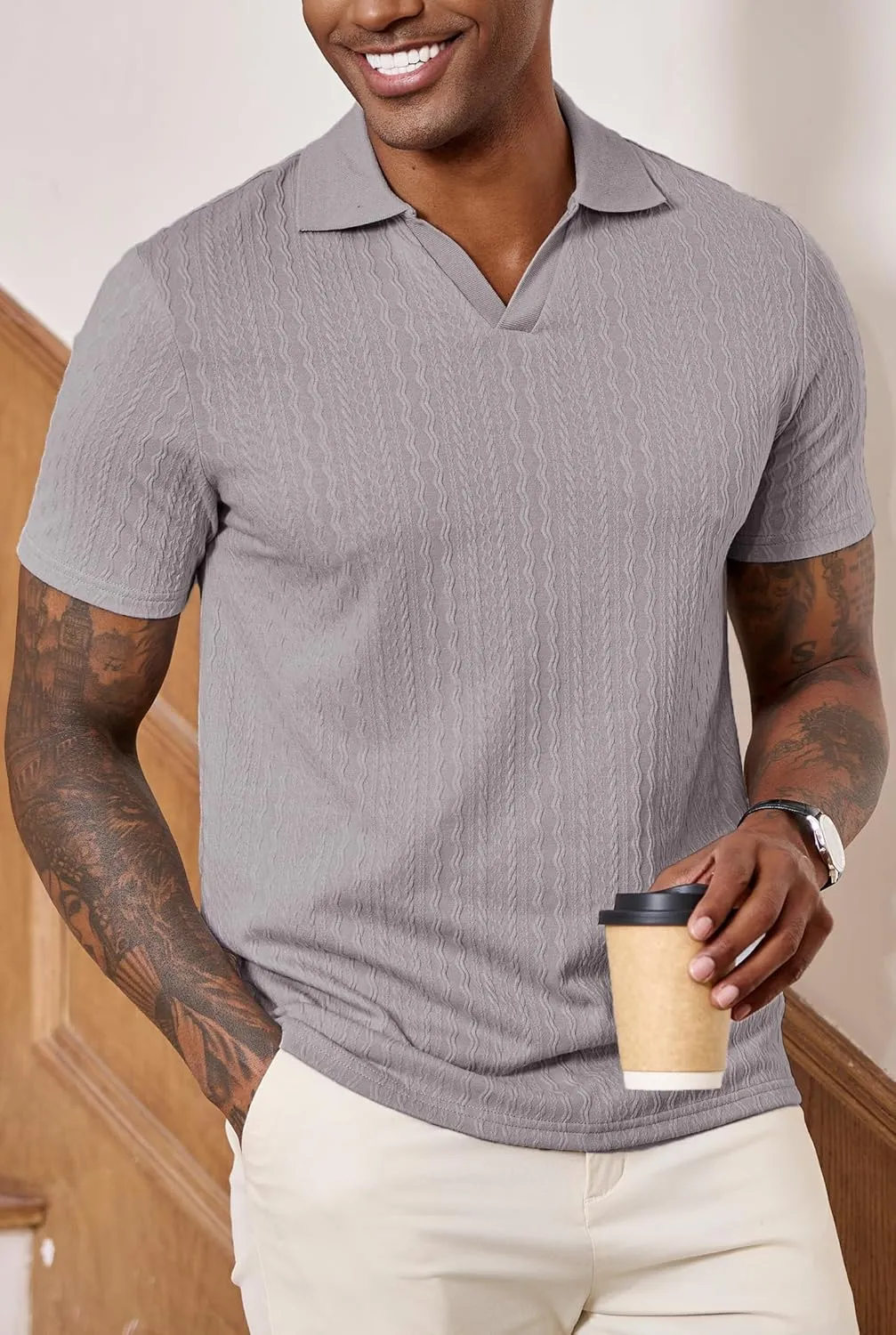 Men Johnny Collar Textured Polo Shirt Cable Knit Stretch Casual Shirts (S-XXL)