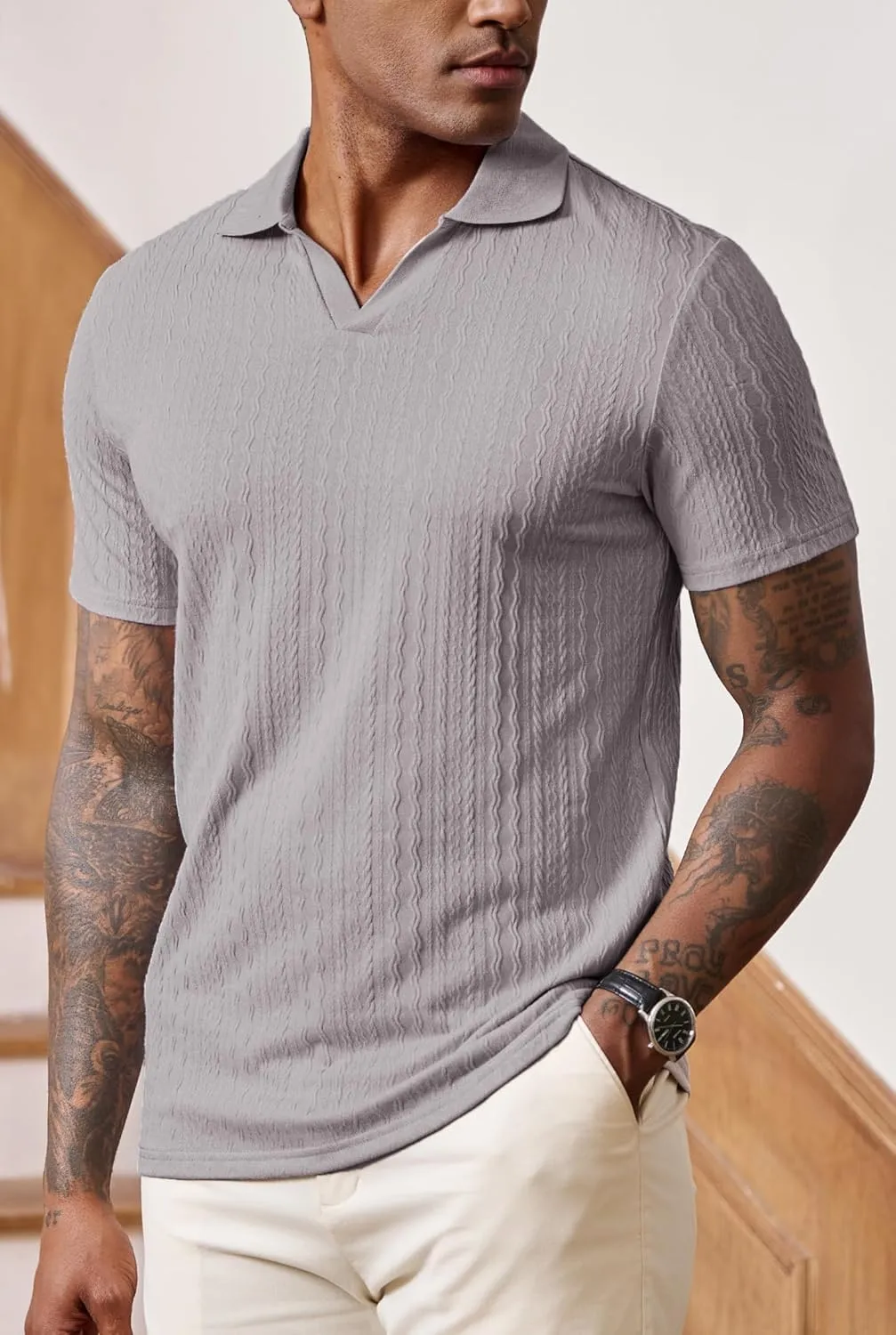 Men Johnny Collar Textured Polo Shirt Cable Knit Stretch Casual Shirts (S-XXL)