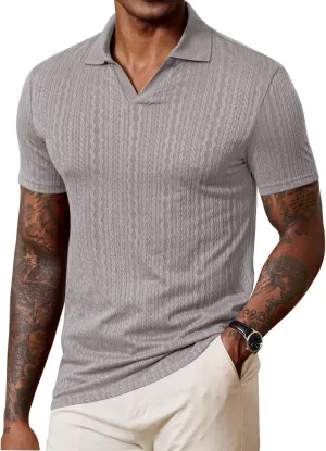 Men Johnny Collar Textured Polo Shirt Cable Knit Stretch Casual Shirts (S-XXL)