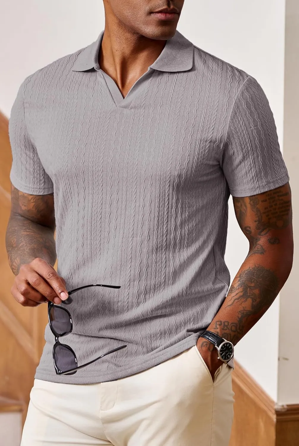 Men Johnny Collar Textured Polo Shirt Cable Knit Stretch Casual Shirts (S-XXL)