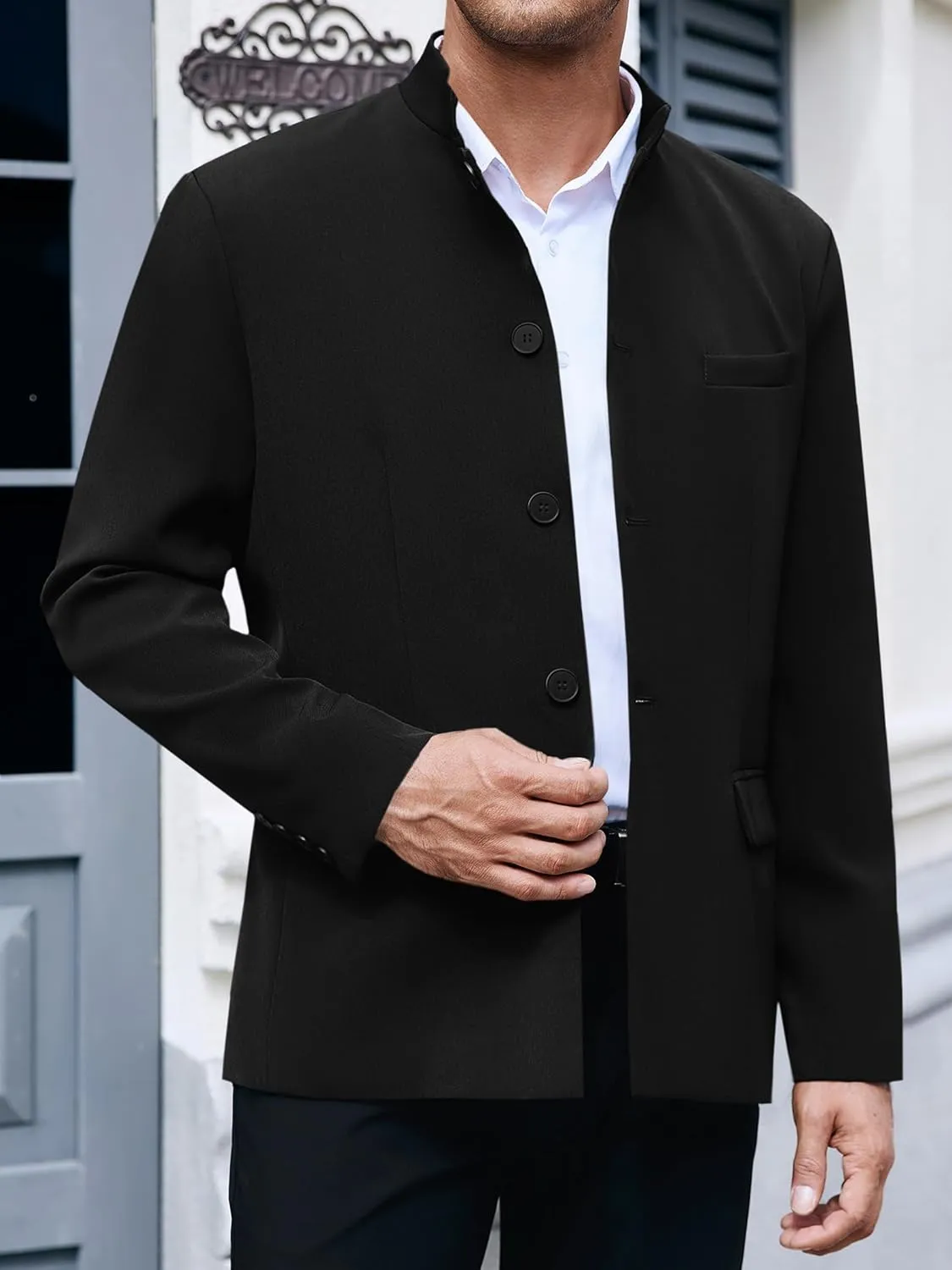 Mens Casual Suit Blazer Jackets Stand Mandarin Collar Lightweight Lined Business Dress Sport Coats