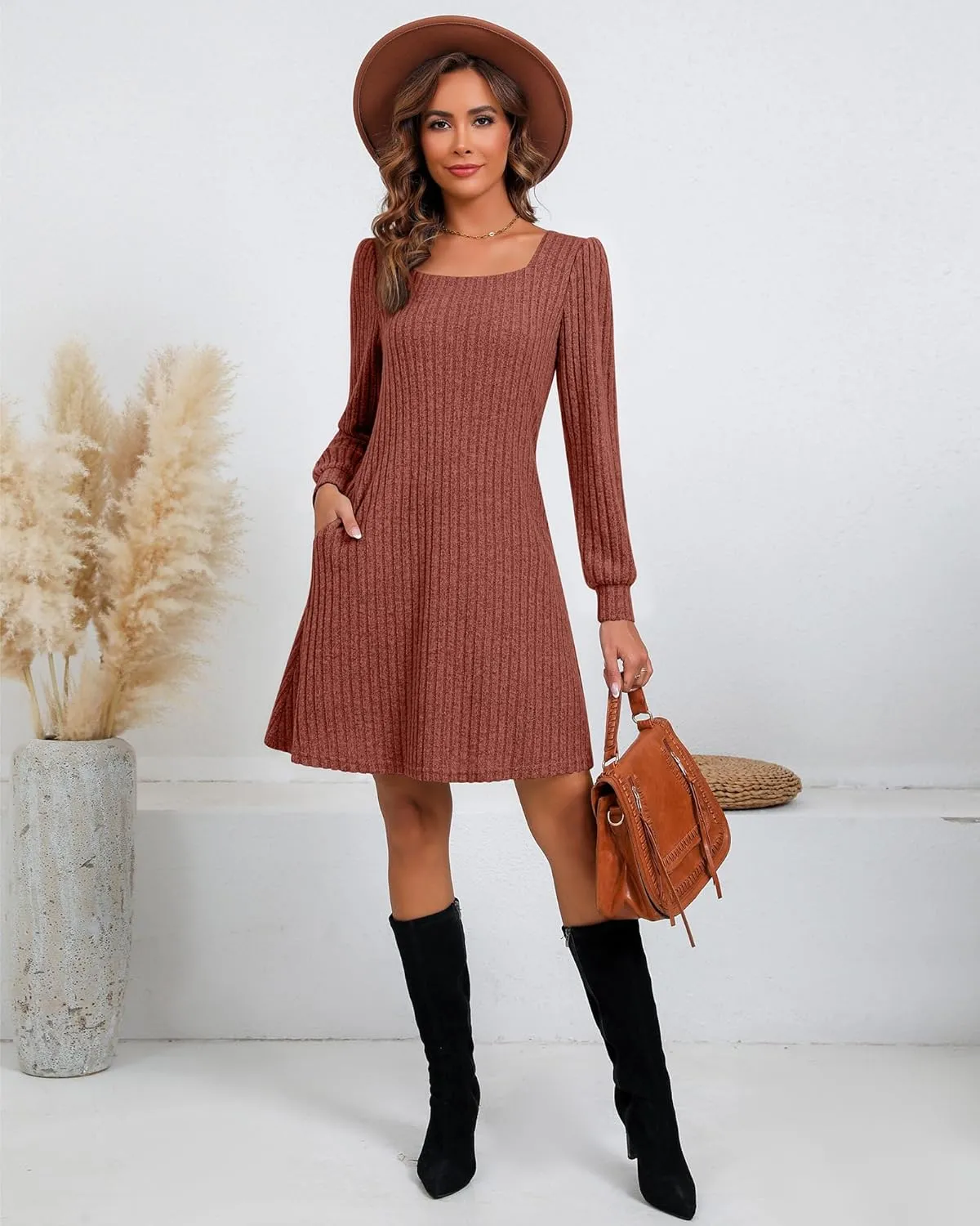 Riyiper Women's Square Neck Sweater Dress Long Sleeve Ribbed Knitted Casual Fall Winter Knee Length Dress with Pocket