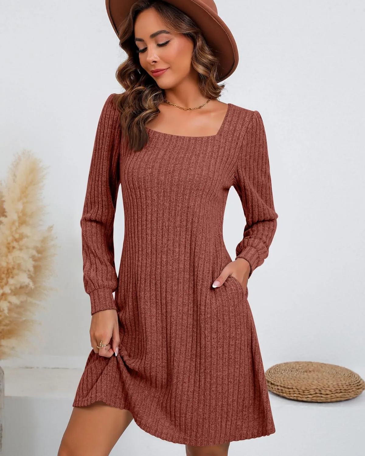 Riyiper Women's Square Neck Sweater Dress Long Sleeve Ribbed Knitted Casual Fall Winter Knee Length Dress with Pocket
