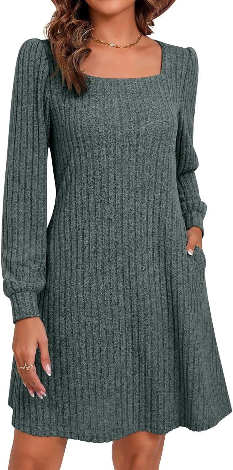 Riyiper Women's Square Neck Sweater Dress Long Sleeve Ribbed Knitted Casual Fall Winter Knee Length Dress with Pocket