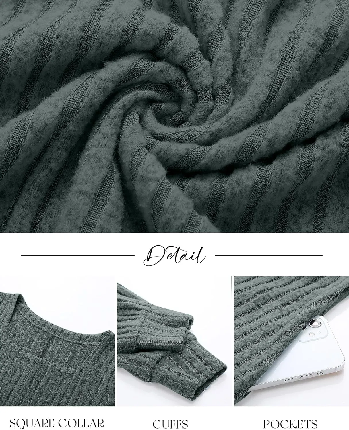 Riyiper Women's Square Neck Sweater Dress Long Sleeve Ribbed Knitted Casual Fall Winter Knee Length Dress with Pocket