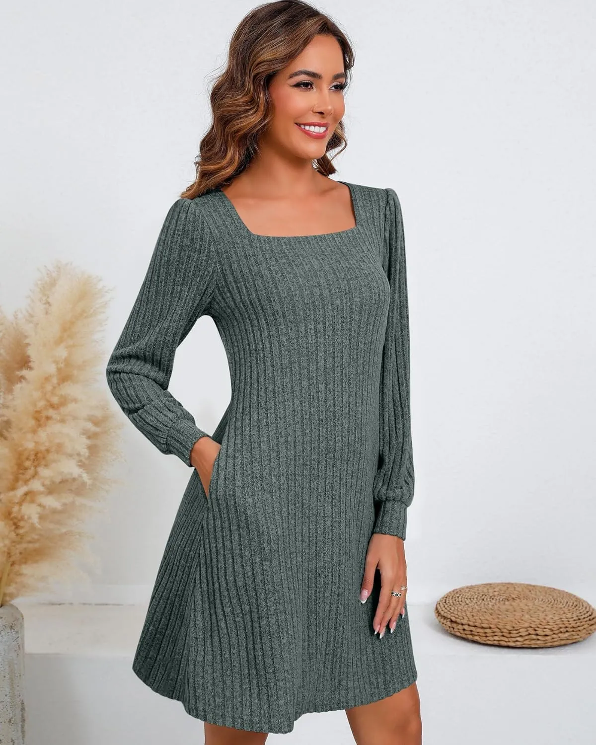Riyiper Women's Square Neck Sweater Dress Long Sleeve Ribbed Knitted Casual Fall Winter Knee Length Dress with Pocket
