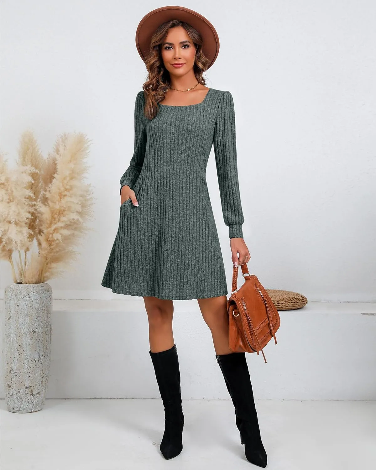 Riyiper Women's Square Neck Sweater Dress Long Sleeve Ribbed Knitted Casual Fall Winter Knee Length Dress with Pocket