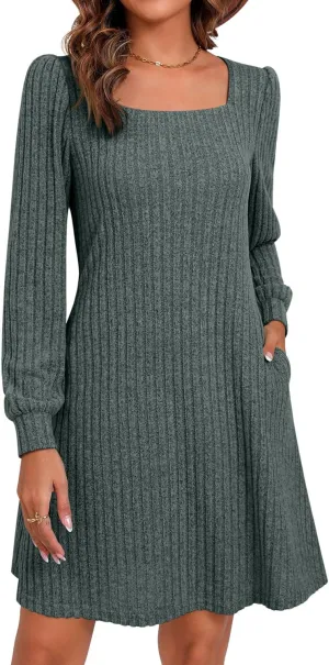 Riyiper Women's Square Neck Sweater Dress Long Sleeve Ribbed Knitted Casual Fall Winter Knee Length Dress with Pocket