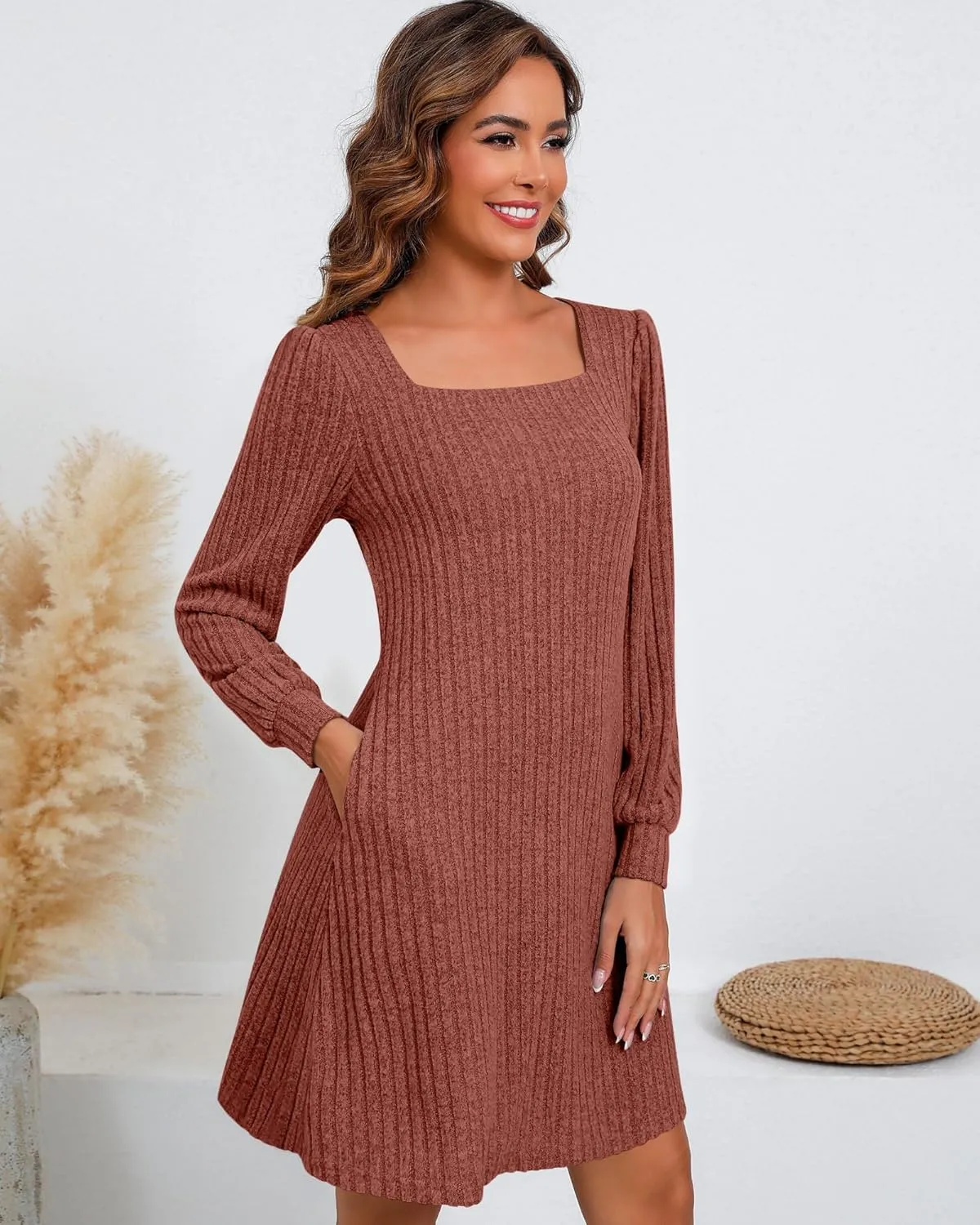 Riyiper Women's Square Neck Sweater Dress Long Sleeve Ribbed Knitted Casual Fall Winter Knee Length Dress with Pocket