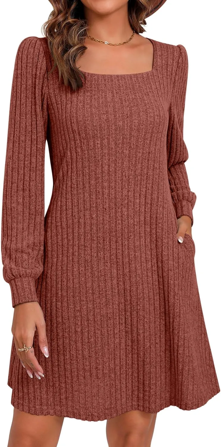 Riyiper Women's Square Neck Sweater Dress Long Sleeve Ribbed Knitted Casual Fall Winter Knee Length Dress with Pocket