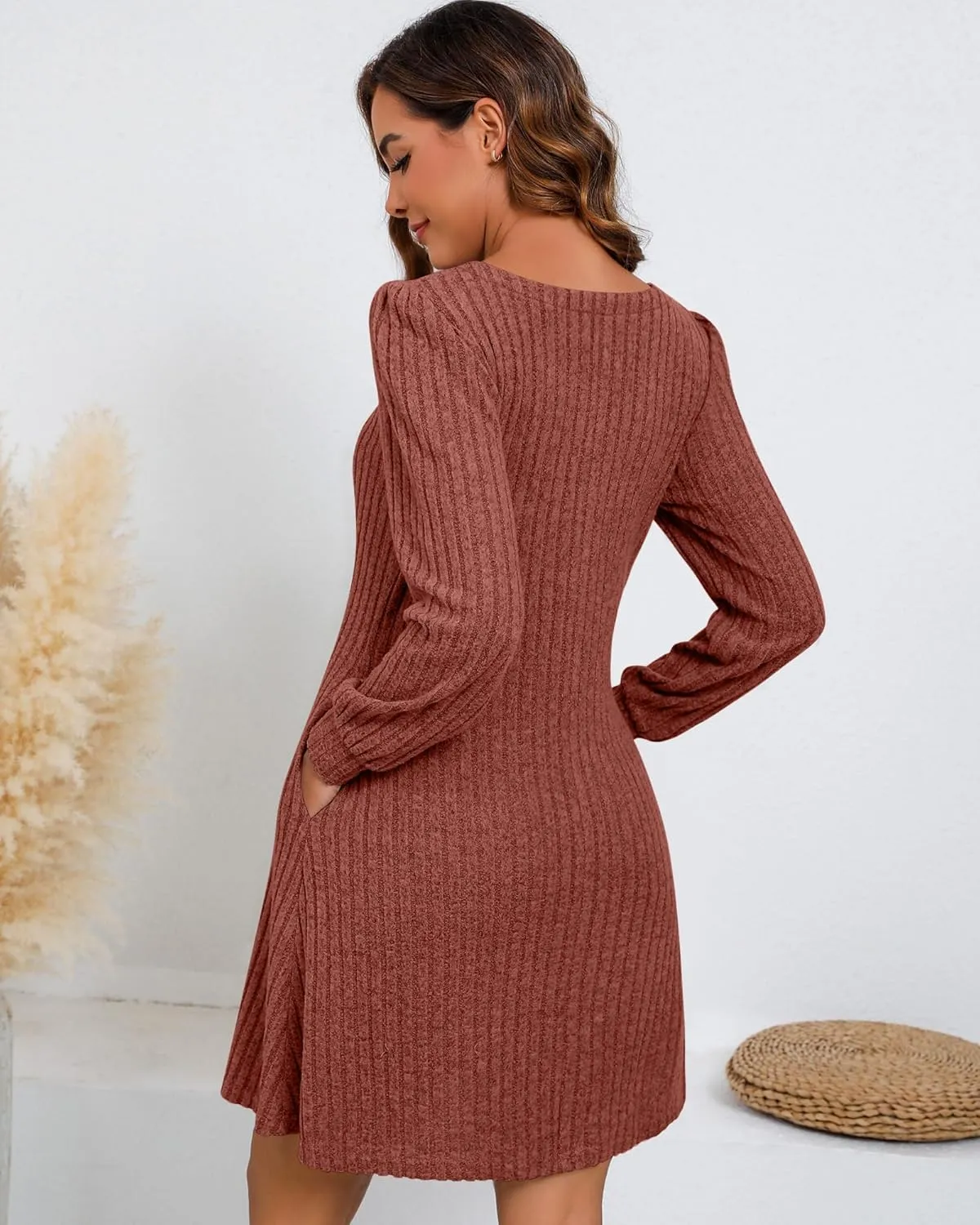 Riyiper Women's Square Neck Sweater Dress Long Sleeve Ribbed Knitted Casual Fall Winter Knee Length Dress with Pocket