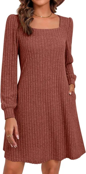 Riyiper Women's Square Neck Sweater Dress Long Sleeve Ribbed Knitted Casual Fall Winter Knee Length Dress with Pocket