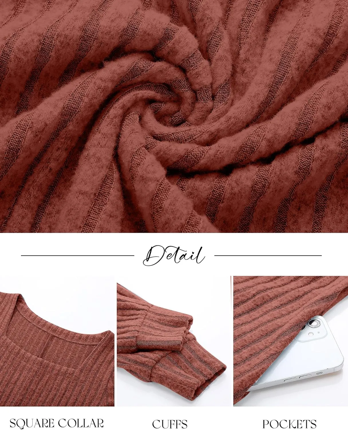 Riyiper Women's Square Neck Sweater Dress Long Sleeve Ribbed Knitted Casual Fall Winter Knee Length Dress with Pocket