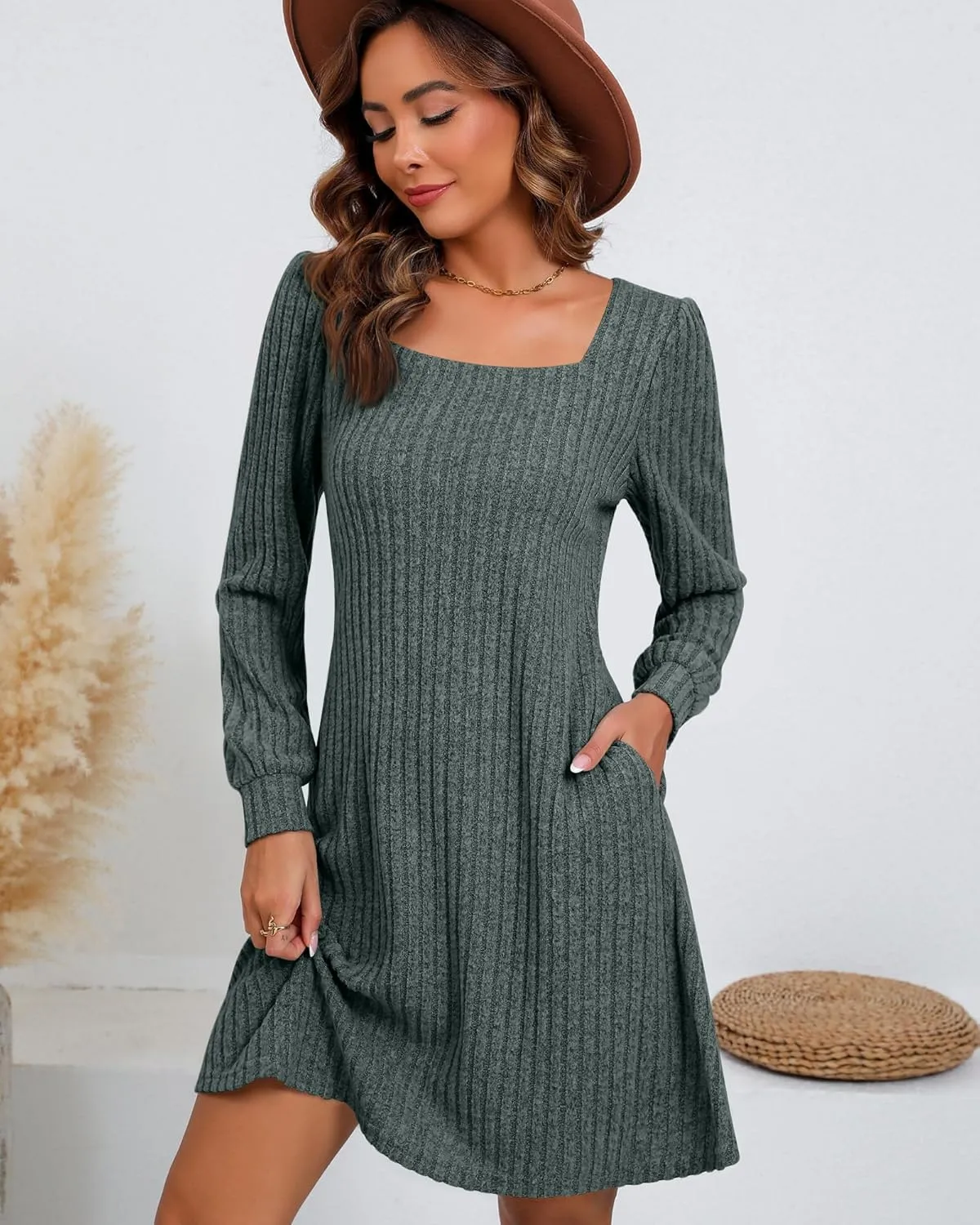 Riyiper Women's Square Neck Sweater Dress Long Sleeve Ribbed Knitted Casual Fall Winter Knee Length Dress with Pocket