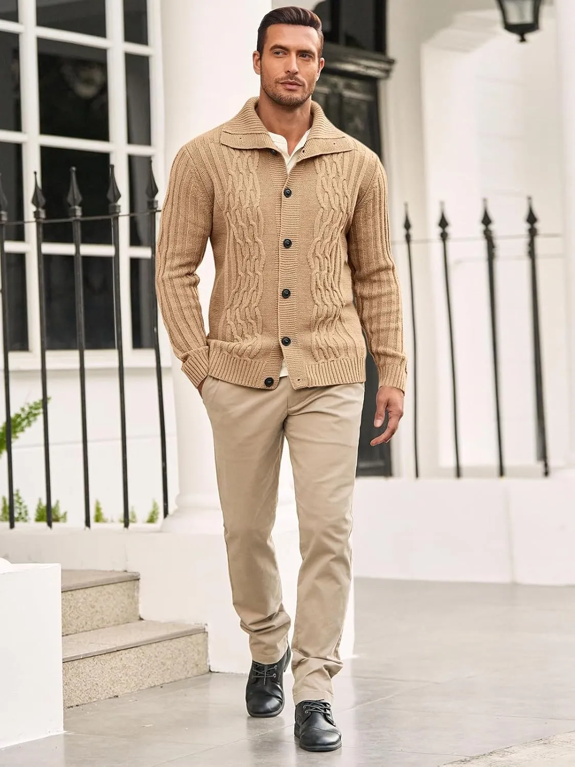 Runcati Mens Cardigan Sweater Cable Knit Button Down Long Sleeve Casual Winter Slim Fit Sweaters